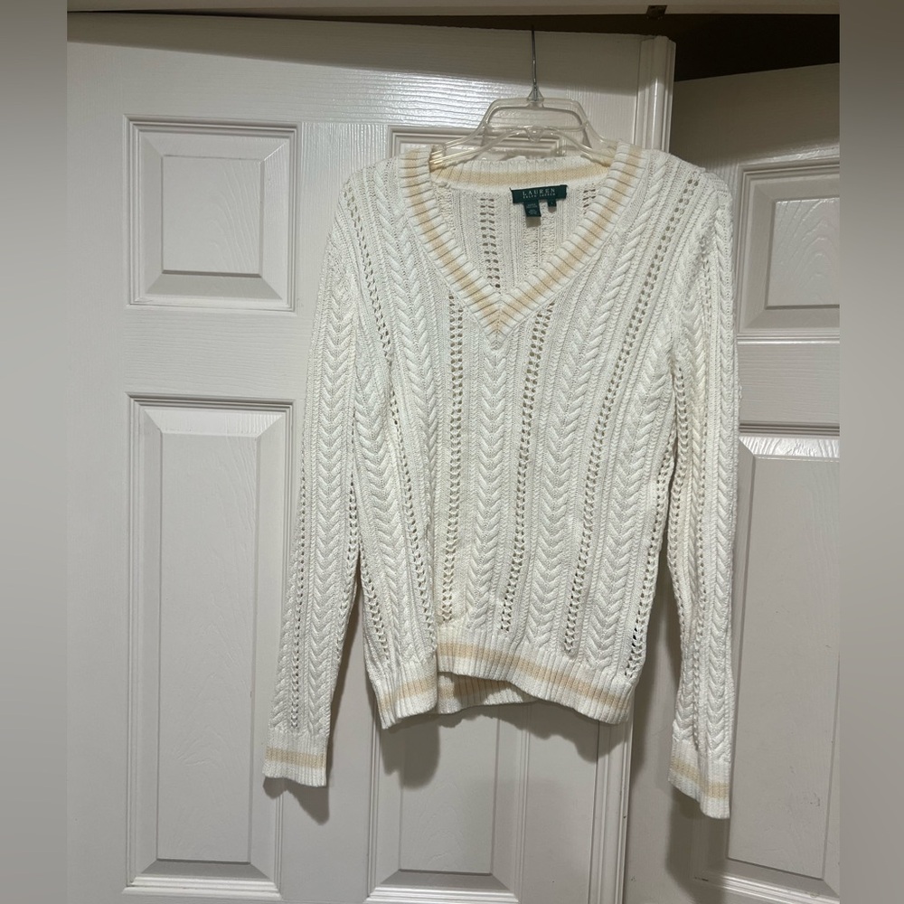 Lauren Ralph Lauren Cotton v-neck cable knit cream Sweater Women’s Large Preppy